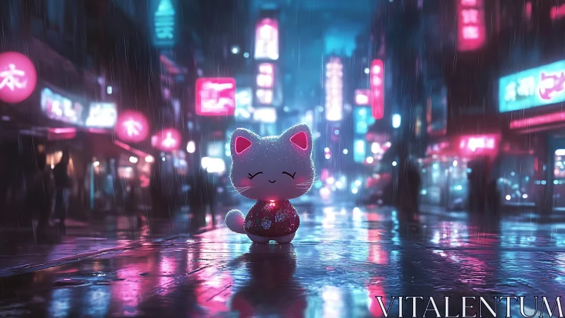Luminescent lucky cat in neon-saturated cyberpunk rainscape.
