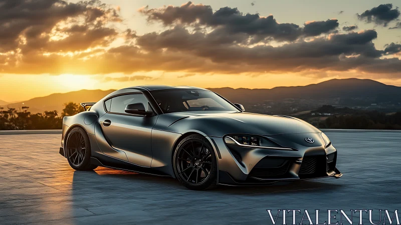 Sleek sports coupe stands against a glowing mountain sunset.