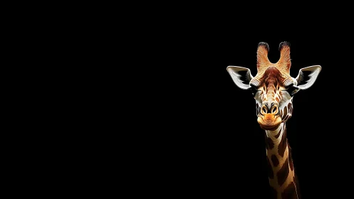 High contrast giraffe portrait isolated against deep black field