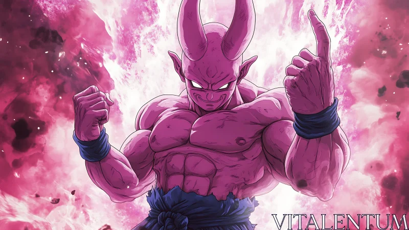 Pink horned warrior stands amid explosive magenta energy