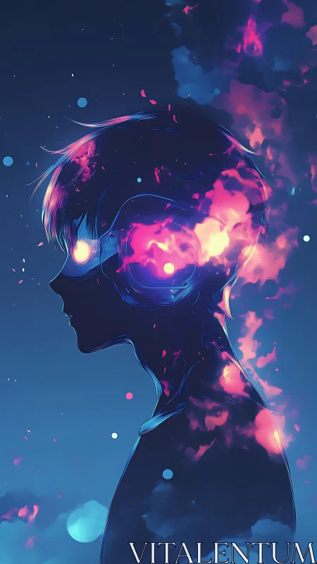 Neon dreamwalker boy wired into a cosmic aurora hush.