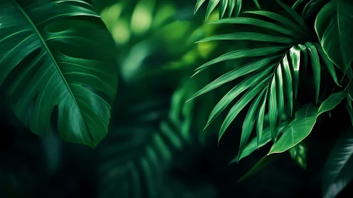 Close view of layered tropical leaves in deep green tones.