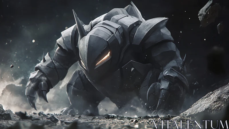 Armored mech creature advances through debris under cinematic lighting