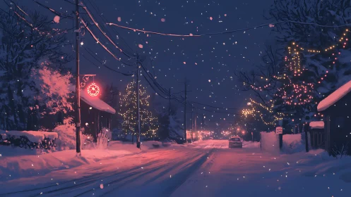 Snowy winter street glows under soft holiday lights.