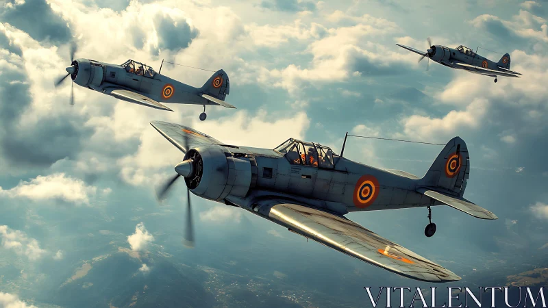 Three vintage military propeller aircraft fly in cloudy sky