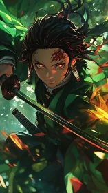 Sword-wielding warrior in dynamic anime battle composition.