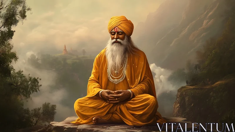 Serene orange-robed guru meditates amid misty sacred mountains