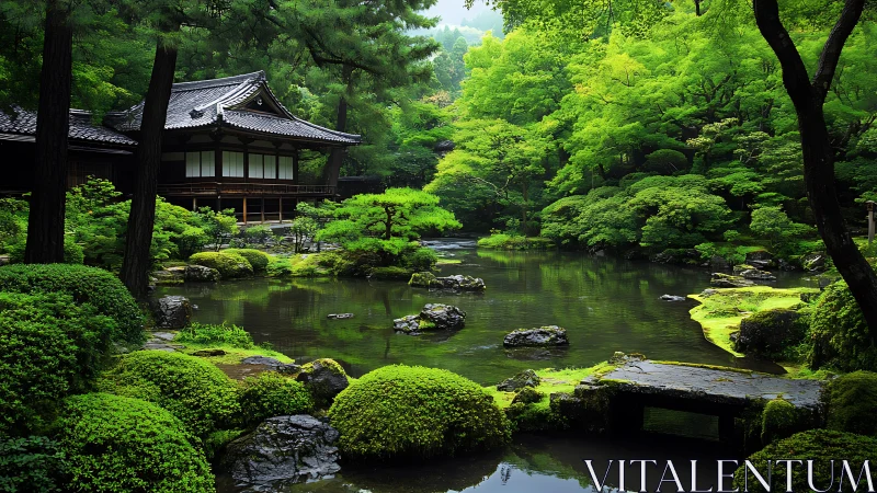 Traditional wooden teahouse beside reflective moss garden pond