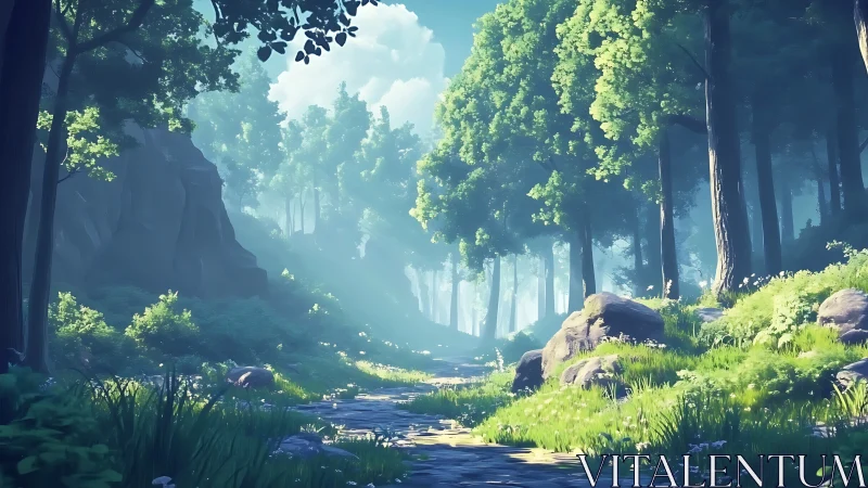 Digital forest canyon landscape with sunlit clearing and flowing stream.