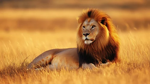Male lion lies in tall golden grass under warm sunset light