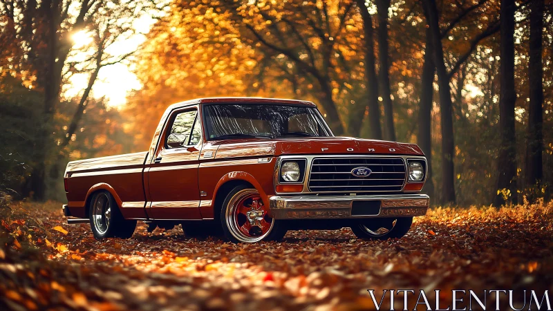 Golden autumn forest cradles a classic orange pickup truck