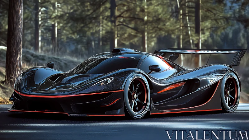 Black carbon-fiber hypercar on forest road in soft daylight.