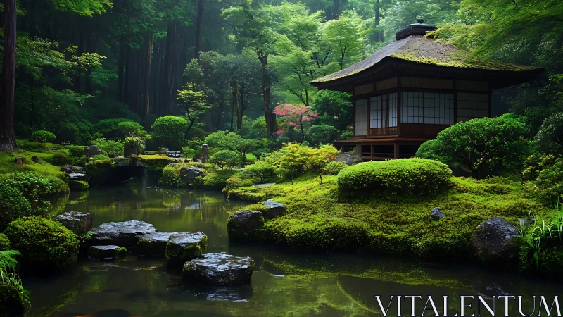 Mossy teahouse listens quietly to the whispers of a rainlit pond