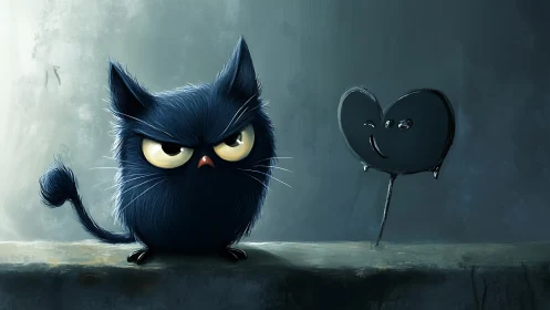 Grumpy midnight puffball cat glares at smug heart balloon.