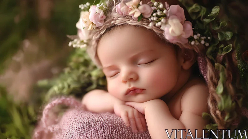 Sleeping Newborn in Floral Crown with Soft Textile Backdrop.