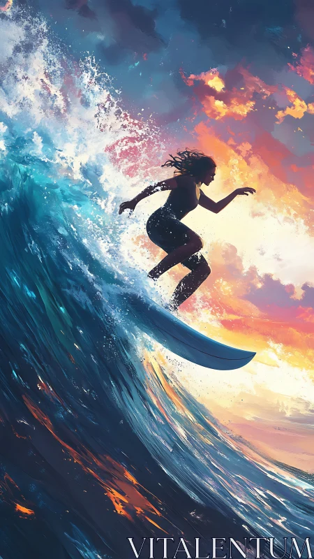 Dynamic digital surf portrait against incandescent sunset sky