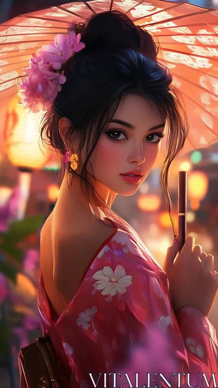 Woman in floral kimono holding parasol in evening light.