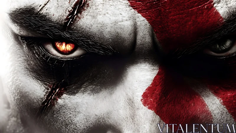 Close-up warpainted warrior face with glowing molten eye