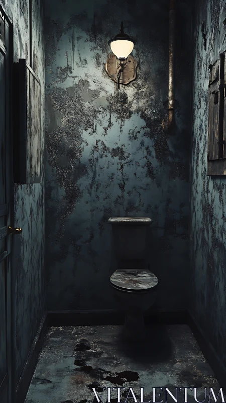 Dilapidated narrow bathroom with rusted toilet and lamp.