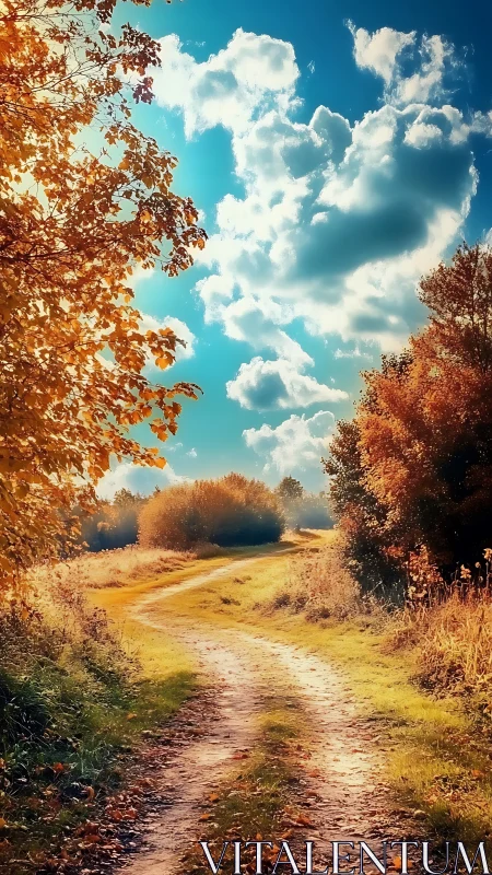 Sunlit country path winds through glowing autumn fields