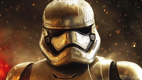 Armored sci fi soldier helmet under drifting embers and frost