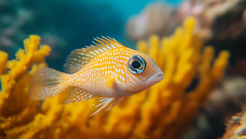 Striped reef fish in shallow coral habitat, macro bokeh study.