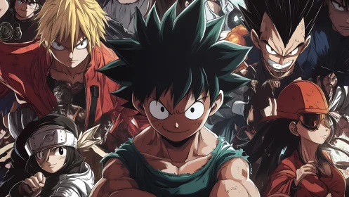 Dynamic shonen anime ensemble with layered hero composition.