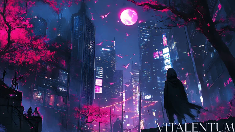 Cloaked wanderer watches neon city bloom beneath pink moon