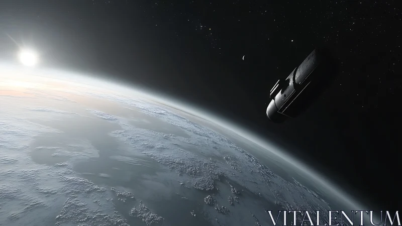 Cryospheric exoplanet horizon with orbital survey vessel poised.