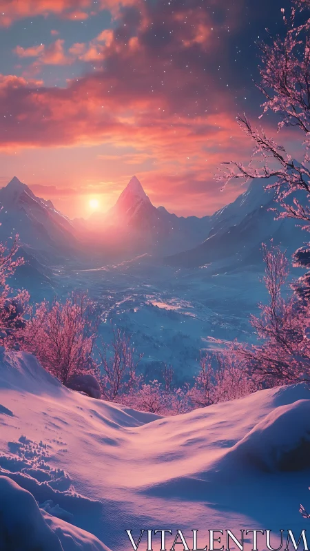 Winter mountains glow under pink sunset sky light.