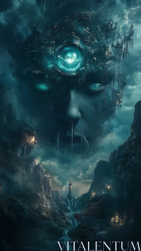 Colossal cosmic face looms above storm-worn canyon lighthouse