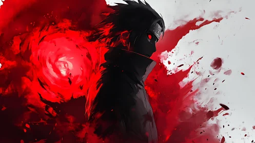 Dark ninja silhouette erupts from swirling crimson energy.