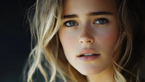 Soft-lit close portrait of freckled woman in muted tones.
