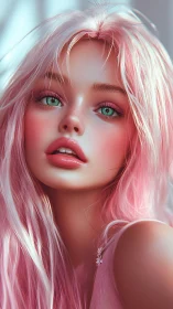 Digital portrait of girl with pink hair and teal eyes.