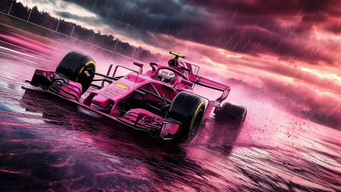 Pink thunder racer slicing through a stormy neon track.