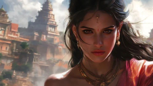 Digital painting portrait of regal woman before misted temples.