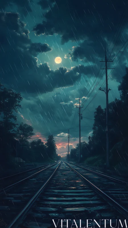 Railway tracks under moonlit storm clouds during rainfall