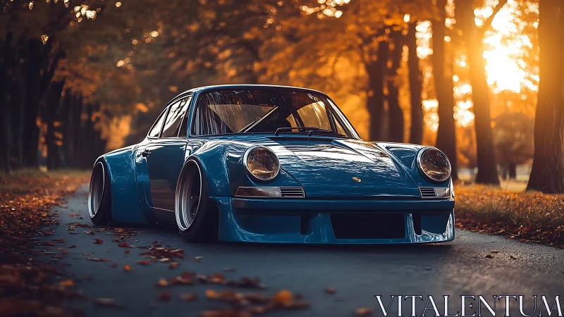Lowered blue classic sports car glows in autumn sunlight.