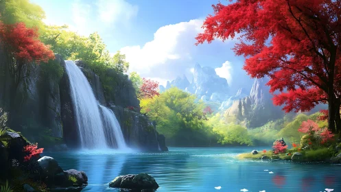 Mountain waterfall and lake landscape under clear daylight.