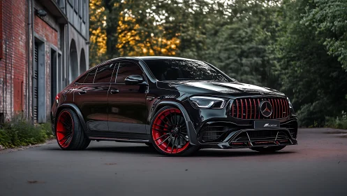Black Mercedes SUV coupe with red accents on urban street.