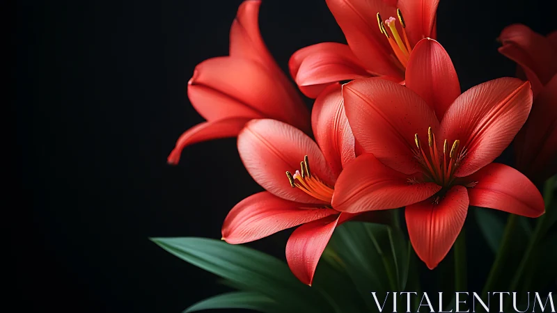 Vibrant Red Amaryllis Blooms Against Black Background.