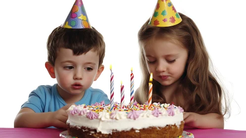 Two children celebrate with colorful party hats and birthday cake