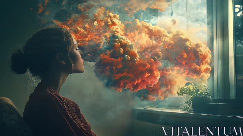 Young daydreamer exhaling glowing clouds of imagination.