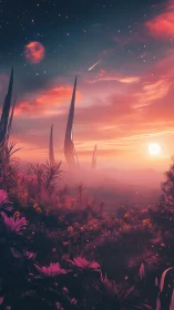 Extraterrestrial landscape displays flora, spires, and twin suns