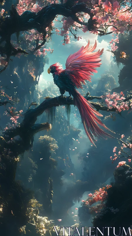 Majestic crimson parrot spreads its wings in a misty blossom gorge