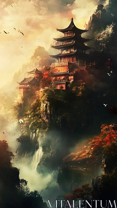 Mountain temples drift through mist while sunrise ignites cliffs