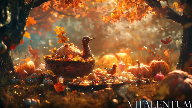 Glowing autumn feast tableau with turkey basket centerpiece.
