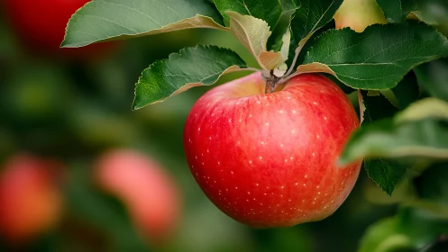 Ripe red apple on branch with shallow depth of field, orchard