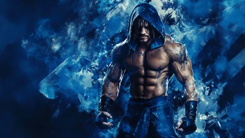 Hooded fighter emerges from icy blue storm of shattered power