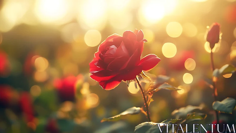 Red Rose Backlit by Golden Hour Sunlight with Bokeh Depth.